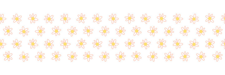 Doodle flowers seamless vector repeat border. Hand drawn floral border coral yellow. Hand drawn simple doodle ditsy flower. For spring, summer, easter, fabric, dress, wallpaper, card decor