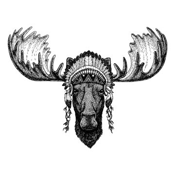 Moose, elk Wild animal wearing inidan headdress with feathers. Boho chic style illustration for tattoo, emblem, badge, logo, patch. Children clothing