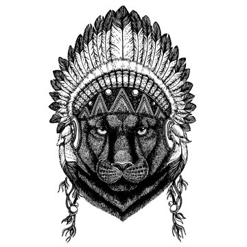 Black panther. Wild animal wearing inidan headdress with feathers. Boho chic style illustration for tattoo, emblem, badge, logo, patch. Children clothing