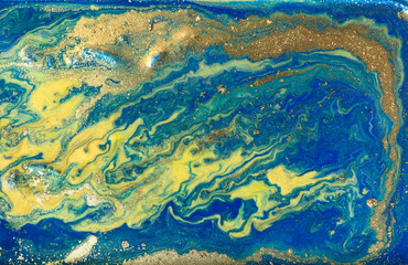 Fototapeta na wymiar Blue gold marbling pattern. Golden marble liquid texture.