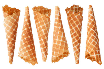 Six golden crispy ice-cream waffle cones on white background isolated closeup top view, empty appetizing ice cream wafer cup design, tasty homemade waffles, sweet summer cold dessert pattern concept