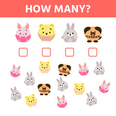 How many animals, counting game. Vector illustration. Development activity for preschool children with counting objects. Game for kids.