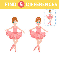 Education logic game for preschool kids. Find the difference the two ballerina. Children funny riddle entertainment.  Vector illustration