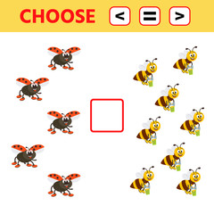 Education logic game for preschool kids. Choose the correct answer. More, less or equal. Ladybug and bee. Vector illustration
