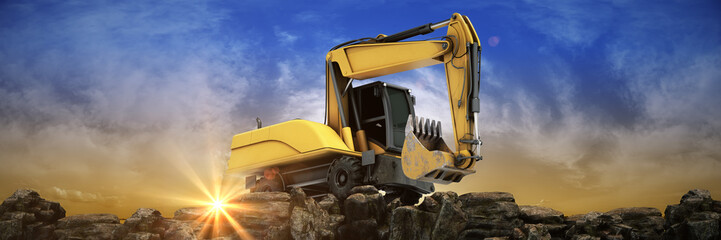 Yellow excavator at sunset. 3d rendering © lchumpitaz