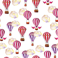 Seamless pattern with bright pink and violet hot air balloons, flags and clouds on white background. Hand drawn watercolor illustration. 