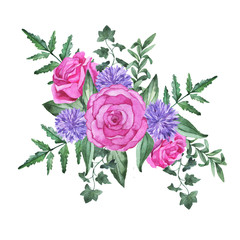 Pink rose flowers, lilac flowers amd green leaves bouquet isolated on white bckground. Design for greeting card or wedding invitation. Hand drawn watercolor illustration.