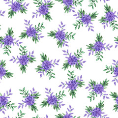 Seamless pattern with lilac flowers and green leaves on white background. Hand drawn watercolor illustration. 