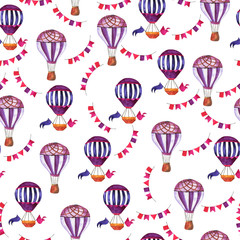 Seamless pattern with violet hot air balloons and colorful flags on white background. Hand drawn watercolor illustration.