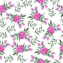 Seamless pattern with pink rose flowers and green leaf branches on white background. Hand drawn watercolor illustration.
