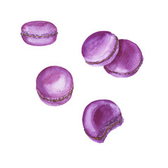 Set of pastel lilac macarons isolated on white background. Hand drawn watercolor illustration. 