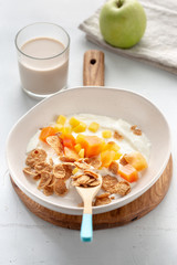 Healthy breakfast flakes greek yogurt fruits oat milk