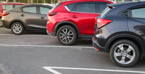 Closeup of back or rear side of black car and other cars parking in parking area in twilight evening. 
