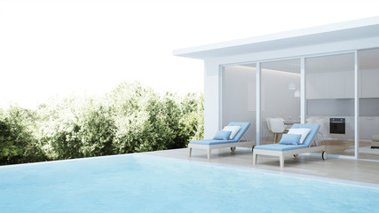 Fototapeta na wymiar Modern house interior. Interior of a villa with a swimming pool. 3D rendering.
