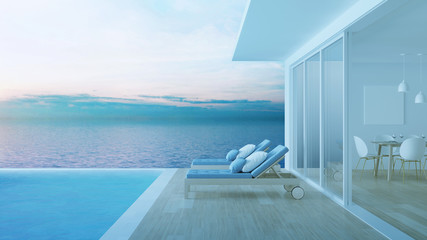 Interior of a villa with a swimming pool. House overlooking the sea. Night. Evening lighting. 3D rendering.