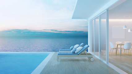 Fototapeta na wymiar Interior of a villa with a swimming pool. House overlooking the sea. Night. Evening lighting. 3D rendering.