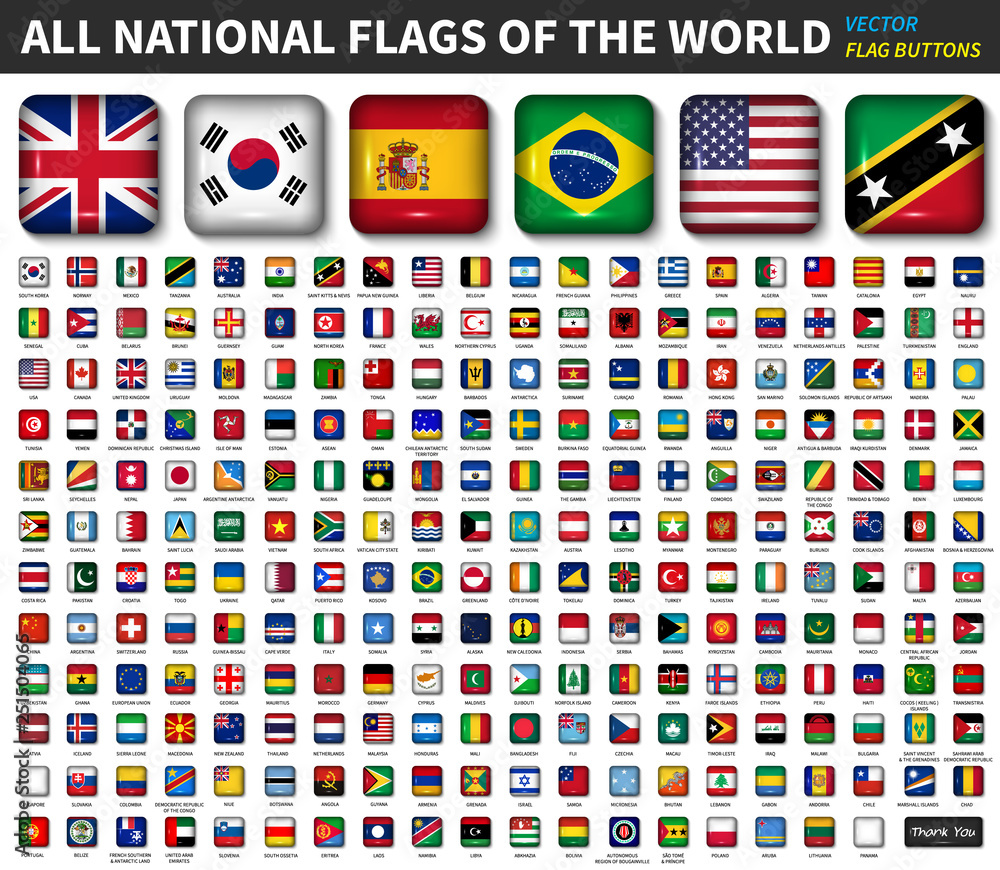 Wall mural all national flags of the world . shiny convex round angle square button design . elements vector .