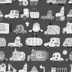 Wall murals Cars Seamless pattern with cute cars. Cartoon cars. Perfect for kids fabric, textile, nursery wallpaper. Vector Illustration.