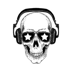 Cool vector rock music skull with headphones for t-shirt, emblem, logo, tattoo, sketch, patch