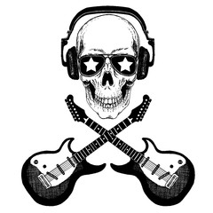 Cool vector rock music skull with headphones for t-shirt, emblem, logo, tattoo, sketch, patch