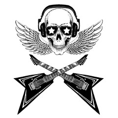 Cool vector rock music skull with headphones for t-shirt, emblem, logo, tattoo, sketch, patch