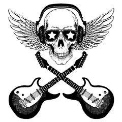 Cool vector rock music skull with headphones for t-shirt, emblem, logo, tattoo, sketch, patch