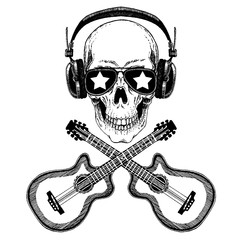 Cool vector rock music skull with headphones for t-shirt, emblem, logo, tattoo, sketch, patch