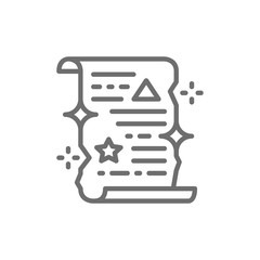 Magic spell scroll, unrolled paper certificate line icon.