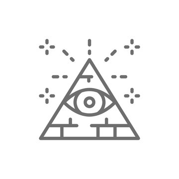 All seeing eye, triangle, pyramid line icon.