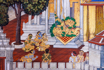 The painting is about Ramayana epic story,Wall painting at Grand Palace, Bangkok, Thailand.