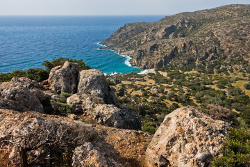 Fototapeta na wymiar Coastal landscape near Lissos archaeological site, south-west coast of Crete island, Greece
