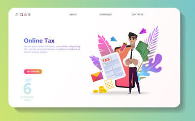 Obraz na płótnie Canvas Online tax payment. People filling tax form. Flat isometric concept of online bill payment, shopping, banking, accounting Can use for template, landing page, ui, web, mobile app, poster, banner, flyer
