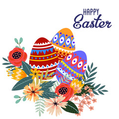 Happy Easter. Cartoon cute folk eggs with bouquet of flowers and text. Vector