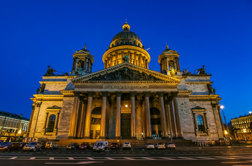 Fototapeta na wymiar Illuminated facade of Saint Isaac's Cathedral in Saint Petersburg, Russia