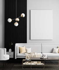 Mock up poster frame in Scandinavian style hipster interior. Minimalist modern interior design. 3D illustration. © Salih