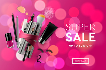 Super Sale cosmetics banner for shopping season, makeup, accessories, equipment, beauty, facial, fashion. Vector illustration.