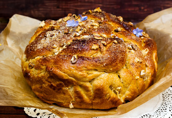 Sweet Easter bread with flowers decoration