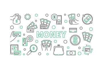 Cash, credit card, banknote outline icons. Vector Money concept illustration