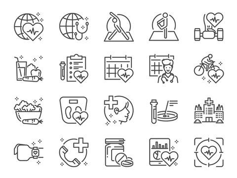 Global healthcare line icon set. Included icons as exercise, health check, healthy food, wellness center, doctor and more.