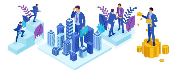 Isometric Businessman Looks Down at the City