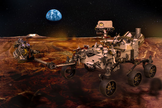 Martian rover on the surface of the red planet, the alien landscape and the planet Earth in the sky among the stars. Elements of this image furnished by NASA.