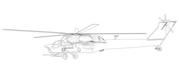 Silhouette of military helicopter. Created illustration of 3d. Vector wire-frame concept.