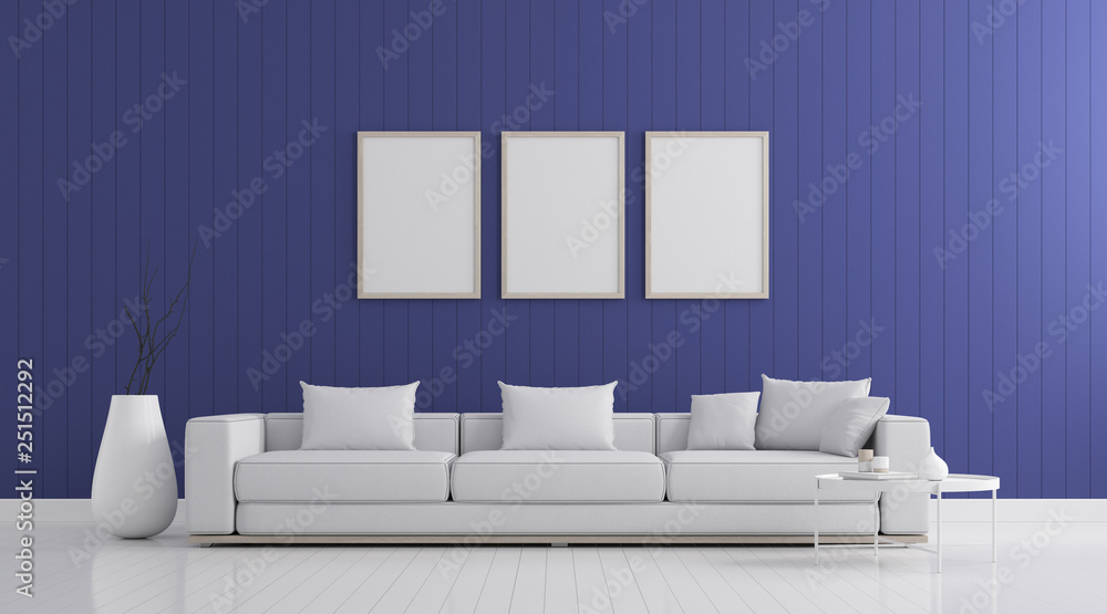 Aufkleber view of living room space with sofa set on blue wall and white laminate floor.perspective of modern 