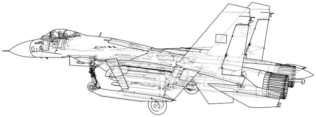 Jet fighter aircraft. Vector wire-frame concept. Created illustration of 3d