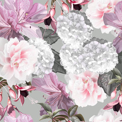 Floral seamless pattern withfunchsia,hydrangea,azalea vector illustration