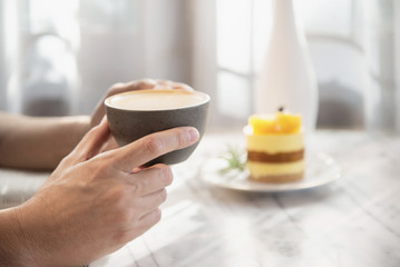 People serve beautiful fresh relax morning coffee cup set - people with coffee set background concept