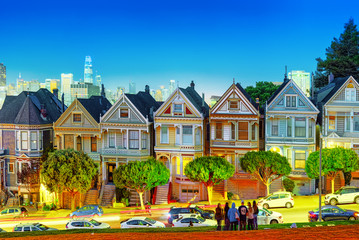 Panoramic view of the San Francisco Painted ladies (Victorian Houses).
