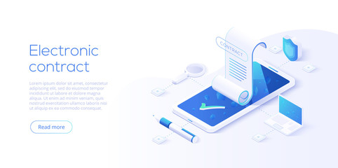 Electronic contract or digital signature concept in isometric vector illustration. Online document sign via smartphone or laptop. Website or webpage layout template.