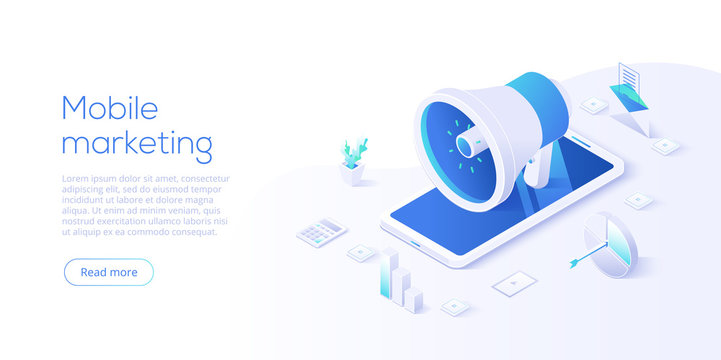 Mobile marketing vector business illustration in isometric design. Online internet promotion concept with smartphone. Website or webpage layout template. - Powered by Adobe