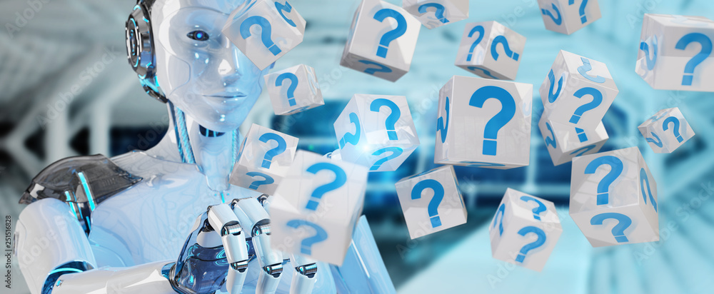 Aufkleber White robot using digital question marks 3D rendering